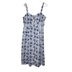 Angels Floral Front Button Linen Blend Dress ~White & Blue Indigo Size XL